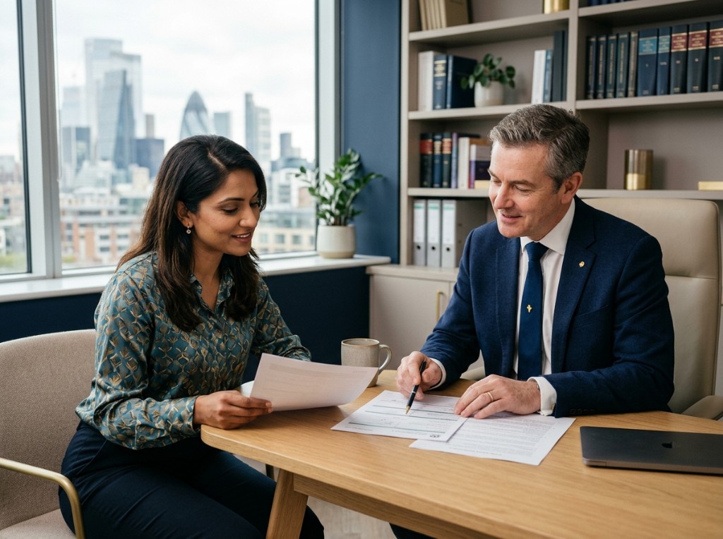 KMP Legal Services consultation — advisers reviewing documents together in a modern office